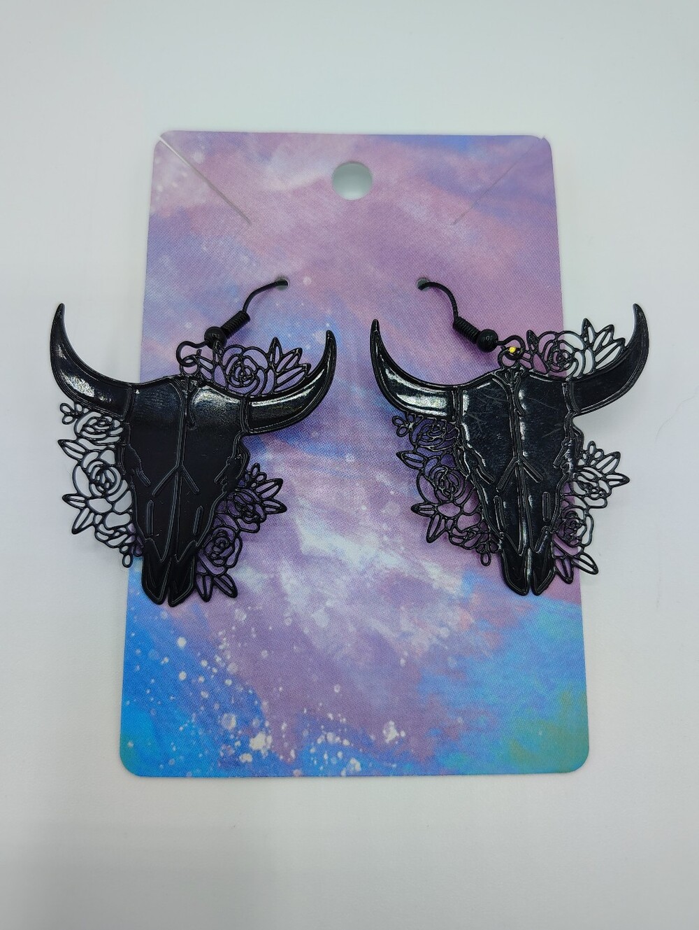 Gothic Floral Bull Skull Earrings